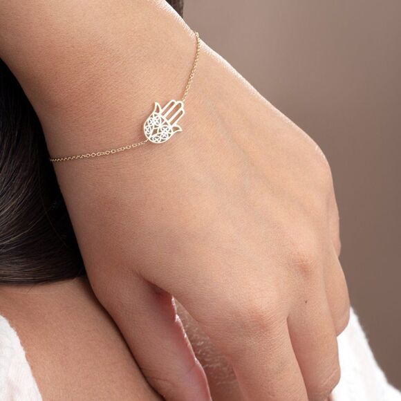 14k Solid Gold Hamsa Bracelet | Birthday Gift | Fatima Hand Bracelet | Trendy | - Picture 2 of 4